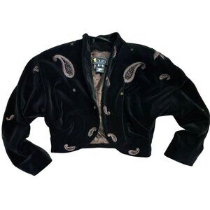 Laurel Vintage Velvet Embroidered Paisley Crop Bolero Jacket 40 Medium Black